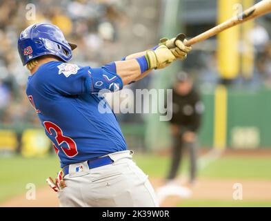 Chicago Cubs second baseman Esteban Quiroz (43) can't get to a single hit  by Miami Marlins' Charles Leblanc during the first inning of a baseball  game, Tuesday, Sept. 20, 2022, in Miami. (