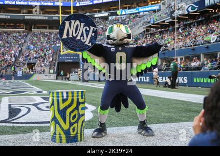 Blitz, the new version of the NFL football Seattle Seahawks' mascot, makes  an appearance at a baseball game between the Seattle Mariners and the Los  Angeles Angels, Sunday, Sept. 28, 2014, in