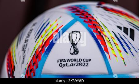 September 25, 2022, Doha, Qatar, The official ball of the 2022 FIFA World Cup Adidas Al Rihla. Stock Photo