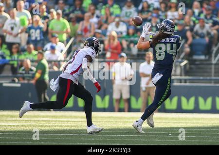 Seattle Seahawks tight end Colby Parkinson (84) stands on the field during  the first half of an NFL football game against the Los Angeles Rams,  Sunday, Jan. 8, 2023, in Seattle. (AP