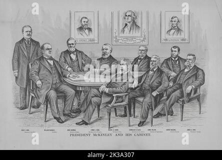 President McKinley and His Cabinet, which was comprised of John Long, John Sherman, Lyman Gage, Russel Alger, Cornelius Bliss, James Wilson, Joseph KcKenna and James Gary Stock Photo