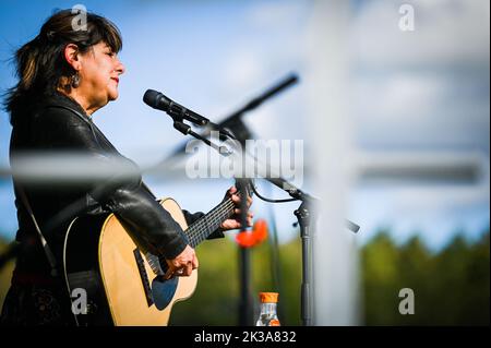 Mexican-American singer and songwriter Tish Hinojosa performs at Highland Center for the Arts, Greensboro, VT, USA, Sept. 24, 2022. Stock Photo