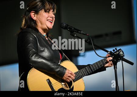 Mexican-American singer and songwriter Tish Hinojosa performs at Highland Center for the Arts, Greensboro, VT, USA, Sept. 24, 2022. Stock Photo