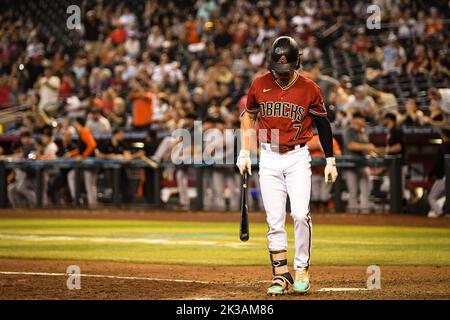 Arizona Diamondbacks left fielder Corbin Carroll (7) disappointed after striking out swinging to end the game of an MLB baseball game against the San Stock Photo