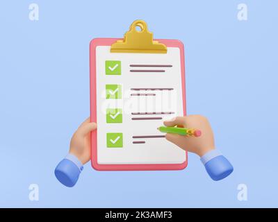 3d render checklist on clipboard with hand holding pencil and put ticks in checkboxes. Paper sheet on clip board, task, todo list, poll, plan, exam, document, Cartoon illustration in plastic style Stock Photo