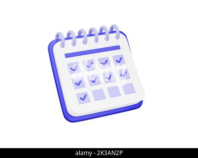 Calendar with checklist, date schedule icon. Concept of work agenda, business organizer, project time management. Daily planner with check boxes and ticks, 3d render illustration Stock Photo