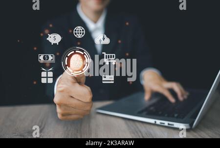 Fingerprint scan provides security access with biometrics identification. Business Technology Safety Internet Concept. processing of biometric for acc Stock Photo