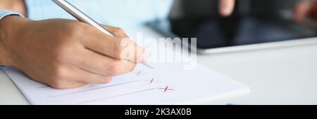 Businessmen make up a strategy, write down a list of options Stock Photo