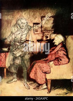 How now ? said Scrooge, caustic and cold as ever. What do you want with me ? Frontispiece Illustrated by Arthur Rackham from the book ' A Christmas carol ' by Charles Dickens, Publication date 1915 Publisher London : William Heinemann ; Philadelphia : J.B. Lippincott Co. Stock Photo