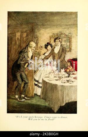 It's I, your uncle Scrooge. I have come to dinner. Will you let me in, Fred ? Illustrated by Arthur Rackham from the book ' A Christmas carol ' by Charles Dickens, Publication date 1915 Publisher London : William Heinemann ; Philadelphia : J.B. Lippincott Co. Stock Photo