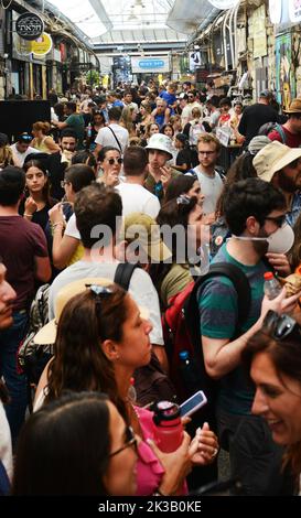Crowded and colorful Machane Yehuda market in Jerusalem, Israel. Stock Photo