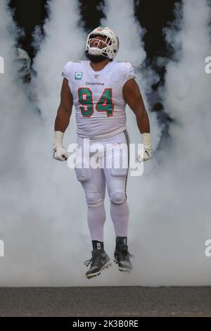 Sunday, September 25, 2022; Miami Gardens, FL USA;  Miami Dolphins defensive tackle Christian Wilkins (94) enters the field from the tunnel at the sta Stock Photo