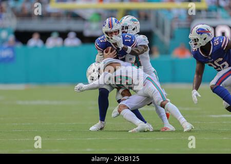 Miami Dolphins safety Brandon Jones (29) eyes the quarterback as he drops  back in coverage during an NFL football game against the Buffalo Bills,  Sunday, Sept. 25, 2022 in Miami Gardens, Fla.