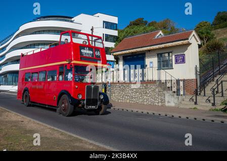 1952 vintage London Bus Company AEC Regent III open top bus operating the EnsignBus Route 68 seafront service in Southend on Sea, Essex, UK Stock Photo