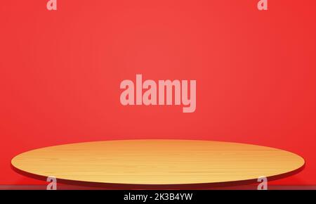 wooden table in the red room.3d redering. Stock Photo