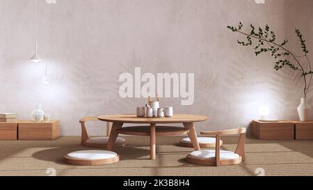 Minimalist Tea ceremony room in white and beige tones, japanese style. Table and chairs, tatami mats, meditation zen space. Japandi interior design Stock Photo