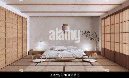Minimalist bedroom in white and beige tones, japanese style. Double bed, tatami mats, meditation zen space. Japandi interior design Stock Photo