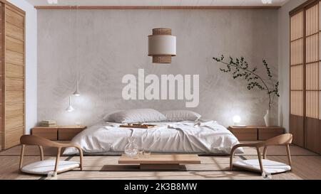 Japandi bedroom in white and beige tones, japanese style. Double bed, tatami mats, armchairs, meditation zen space. Minimalist interior design Stock Photo