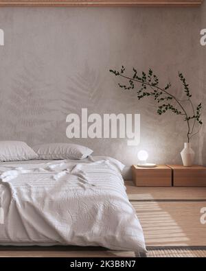 Japandi bedroom mock up in white and purple tones. Bed with pillows ...