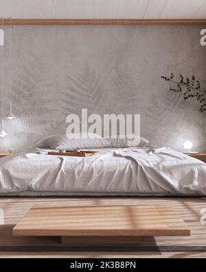 Japandi bedroom mock up in white and beige tones. Bed with pillows ...