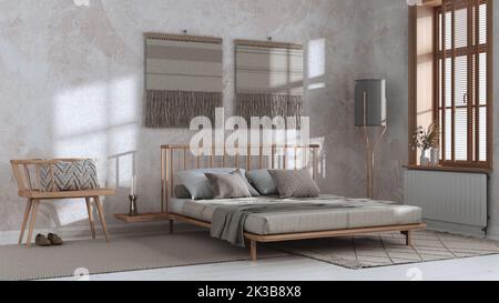 Wabi sabi bedroom in white and yellow tones with macrame wall art and ...