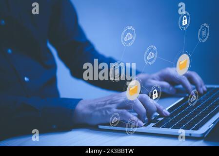 Cloud network storage Computer online technology for computer business virtual cloud service icons and hands on laptop keyboard Data transfer technolo Stock Photo