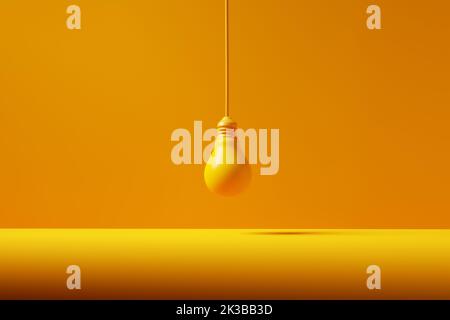 Illumination, idea, creativity, uncreative, electricity, lamp. One hanging yellow light bulb with cable on yellow background. 3D rendering. Stock Photo