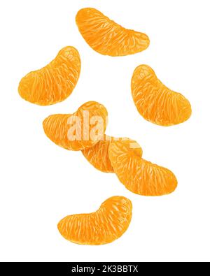 Falling Mandarin lobule isolated on white background, clipping path, full depth of field Stock Photo