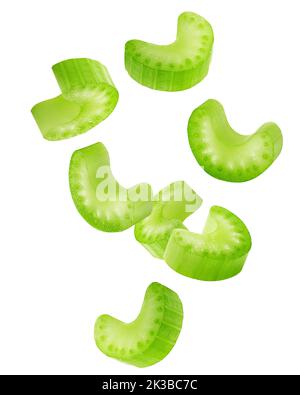 Falling celery slice isolated on white background, clipping path, full depth of field Stock Photo