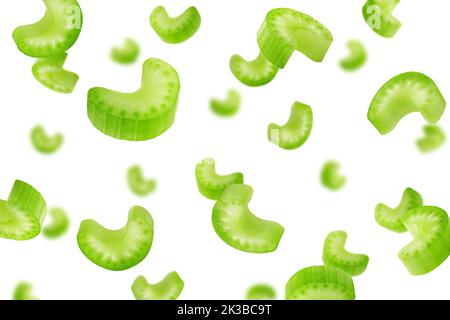 Falling celery slice isolated on white background, selective focus Stock Photo