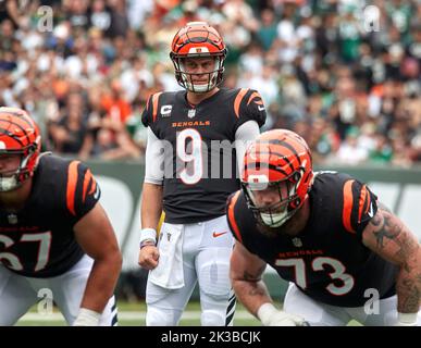 The New York Jets defense looks on before a play during an NFL football game  against the Cincinnati Bengals, Sunday, Sept. 25, 2022, in East Rutherford,  N.J. The Cincinnati Bengals won 27-12. (