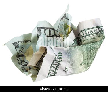 Crumpled 100 dollars, isolated on white background, clipping path, full depth of field Stock Photo