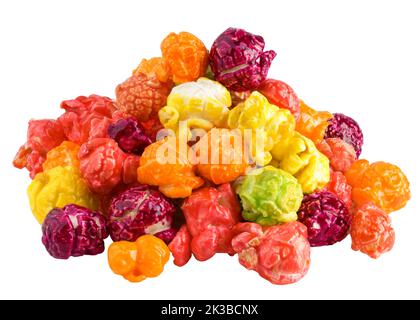 Colored fruity popcorn isolated on white background, clipping path, full depth of field Stock Photo