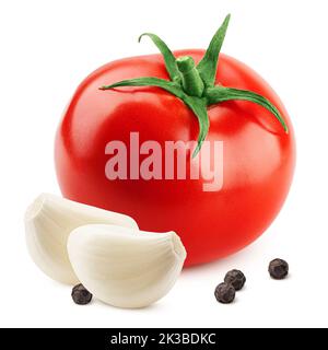 tomato, garlic, black peppercorn isolated on white background, clipping path, full depth of field Stock Photo