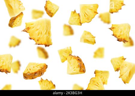 Falling pineapple slice isolated on white background, selective focus Stock Photo