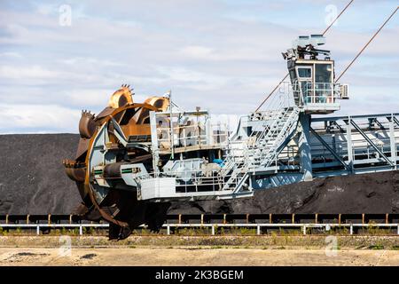 Close-up view of a bucket-wheel stacker-reclaimer and a coal stockpile in a thermal power station on a sunny summer day. Stock Photo