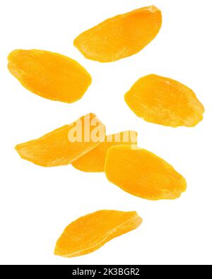 Falling Dried Mango, isolated on white background, clipping path, full depth of field Stock Photo