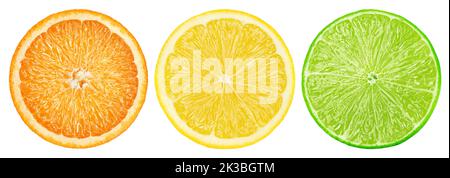citrus slice, orange, lemon, lime, isolated on white background, clipping path Stock Photo