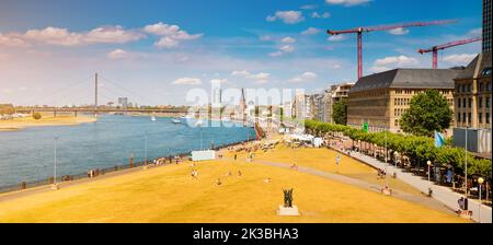 Aerial cityscape view of recognizable architectural landmarks of the city of Dusseldorf and Rhine River Stock Photo