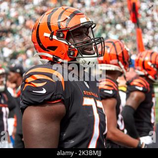 Cincinnati Bengals guard Hakeem Adeniji (77) warms up during an NFL  preseason football game against the New York Giants, Sunday, Aug. 21, 2022  in East Rutherford, N.J. The Giants won 25-22. (AP