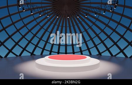 white podium with spotlight on the truss system on the dome.3d rendering. Stock Photo