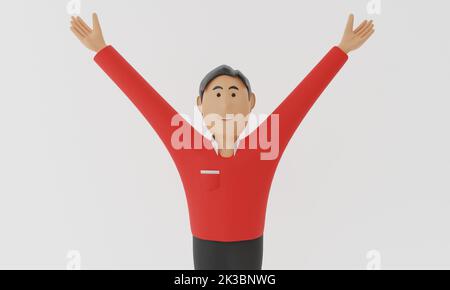 successful man with raised hands on white background.3d rendering. Stock Photo