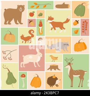 Autumn set vector illustration. Cartoon cute wild animal characters, autumn vegetable harvest, mushroom and leaf, forest and garden nature elements and fall wildlife in square collage background Stock Vector