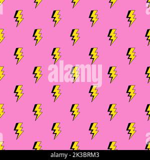 Lightning bolts seamless pattern in cartoon, comic style. Thunder lights wallpaper. Bright pink background. Stock Vector