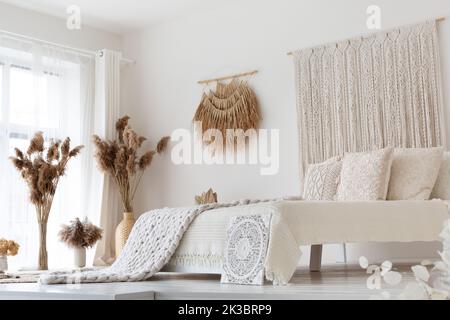 Stylish white ethnic bedroom interior, empty room Stock Photo