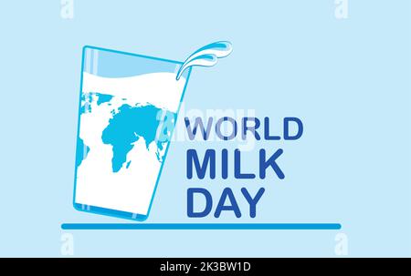 World milk day vector with global map on glass. style icon or label isolated on blue background. Milk day greeting poster design template. Milk day lo Stock Vector
