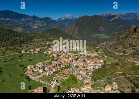 Aerial view of the town of Sant Julià de Cerdanyola and the Alt Berguedà region. In the background, the Pedraforca massif (Berguedà, Catalonia, Spain) Stock Photo