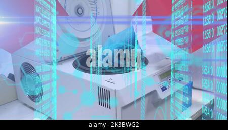 Image of data processing and chemical formula over scientist in lab Stock Photo
