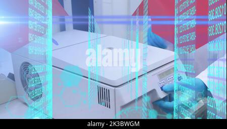 Image of data processing and chemical formula over scientist in lab Stock Photo