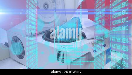 Image of data processing and chemical formula over scientist in lab Stock Photo